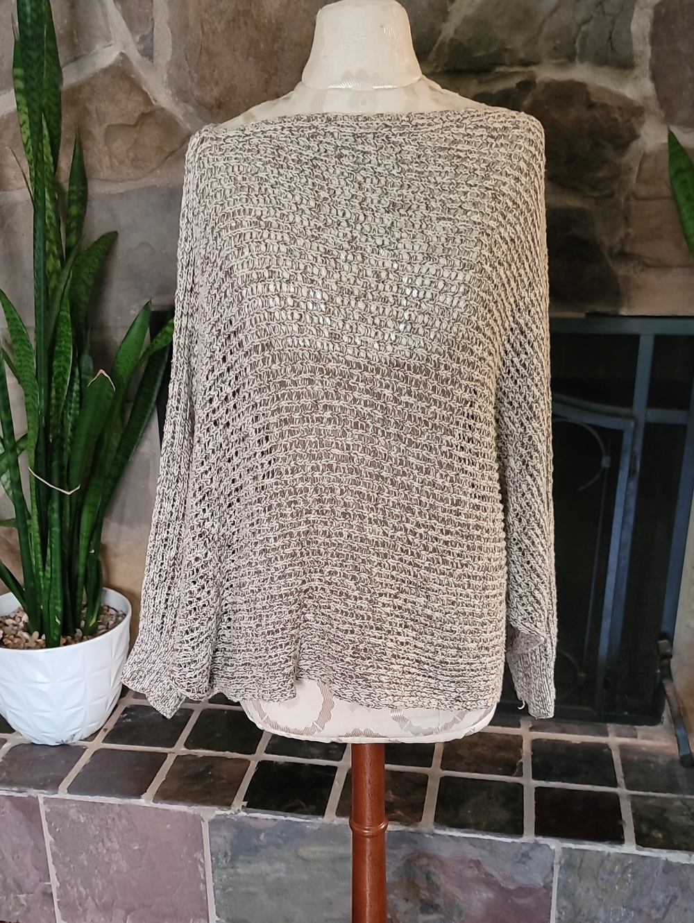 Free People Beige Open Knit Sweater Sz L Long Sleeve Boat Neck Oversized Boho